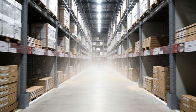 Industrial warehouse aisle featuring high metal pallet racking and stacked cardboard boxes
