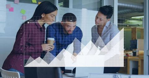 Collaborating team analyzing dashboard on laptop with overlay chart in modern office
