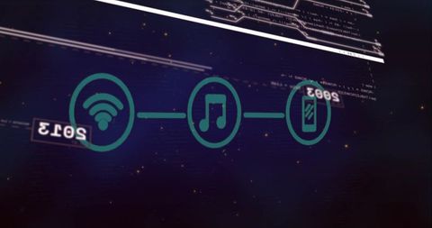 Streaming Connectivity Timeline with Wi-Fi Music Smartphone Icons on Futuristic Neon HUD