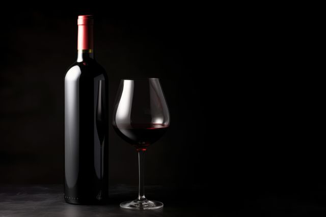 Red wine bottle standing next to a half-filled wine glass in dim lighting on a black background. Suitable for usage in advertising, hospitality displays, restaurant menus, luxury food and beverage branding.