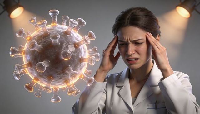 Stressed female clinician pressing temples beside hovering glowing virus model