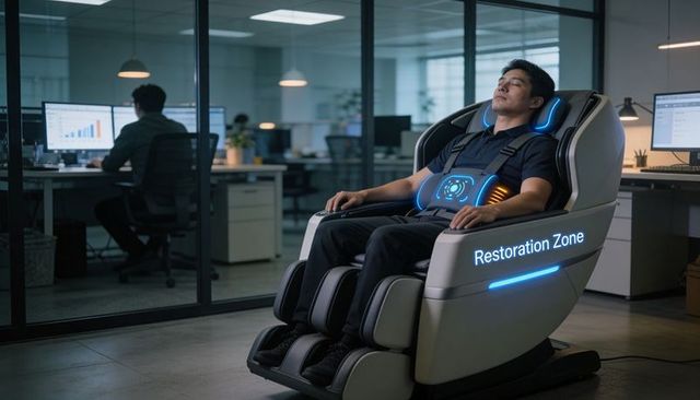 Office recovery lounge: man relaxing in futuristic restoration zone massage chair