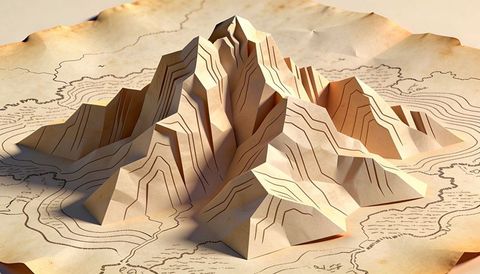 Sitting folded paper mountain model displaying topographic contours on vintage map