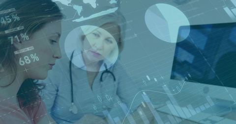 Doctor and patient reviewing health data dashboard with medical analytics and telehealth