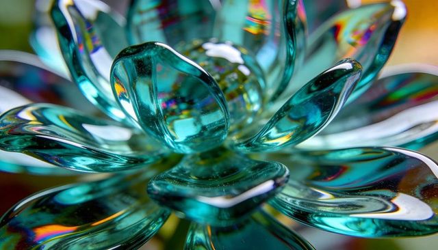 Teal glass lotus sculpture reflecting iridescent light, macro crystal petals