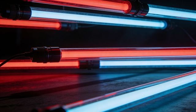 Neon led tubes casting red and cyan glow on concrete for futuristic industrial lighting