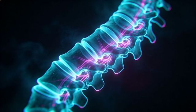 Neon holographic spine anatomy glowing vertebrae and nerve filaments in cyan magenta