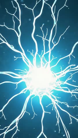 Vertical video revealing glowing neuron emitting blue-white pulses through dendrites