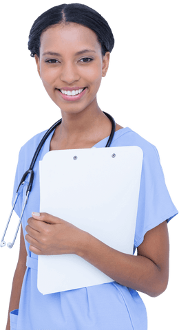 Transparent smiling female surgeon holding blank clipboard