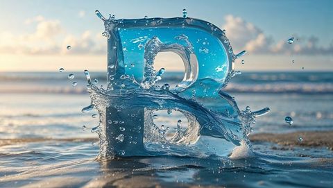 Translucent water sculpture letter b on beach at sunrise