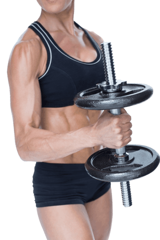 Transparent female bodybuilder holding dumbbell with defined muscles