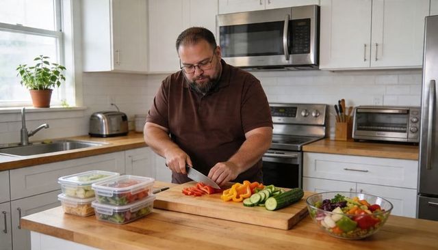 Man chopping vegetables on wooden cutting board in bright modern kitchen meal-prep