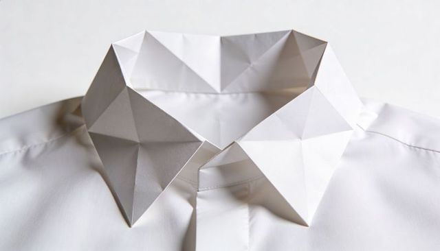 Geometric origami collar resting on white dress shirt minimalist low-poly fashion concept