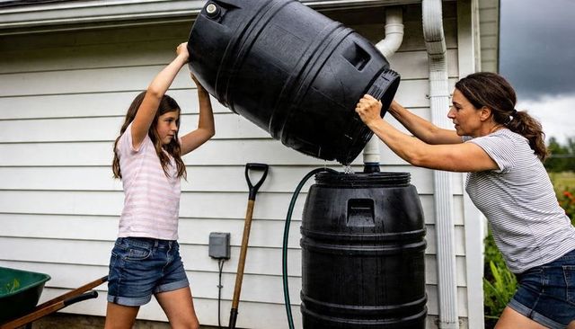 Mother and teen pouring and tilting rain barrels for water collection in backyard garden