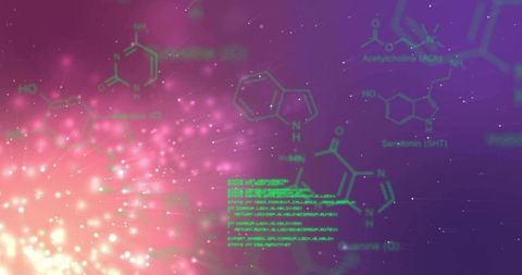 Neon molecular hologram over futuristic particle burst for biotech visualization