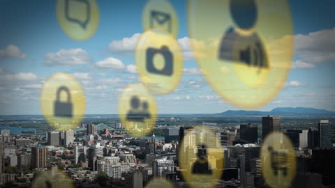 Global Business Technology Overlay on Modern Cityscape