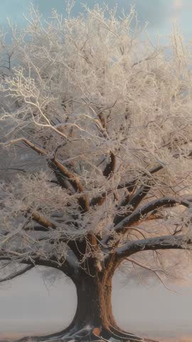 Vertical winter tree video zooming through frost-covered branches revealing ice patterns