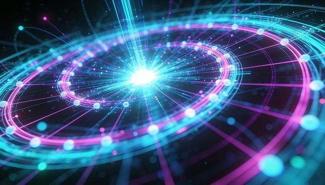 Neon holographic data rings radiating from core for futuristic network visualization
