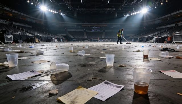 Sweeping crew clearing cups and litter on arena floor under bright spotlights