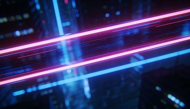 Gliding neon rails slicing through cyberpunk cityscape leaving reflective motion trails