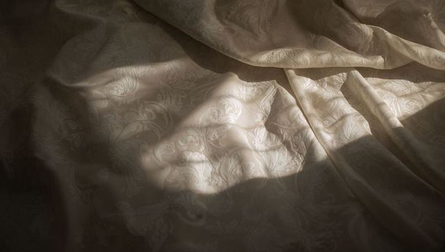 Sunlit cream damask bedspread with soft folds, floral jacquard texture and shadow play
