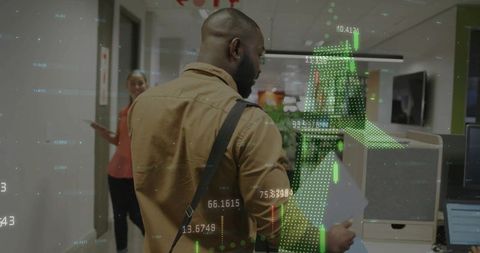 Innovative Professional Examining AR Data in Corporate Corridor