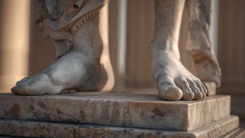 Marble statue feet resting on plinth with drapery, veined patina and classical columns