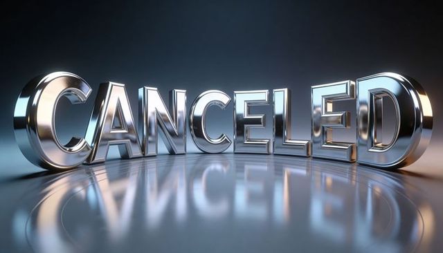 Chrome canceled letters reflecting on futuristic metallic floor with blue-amber rim light