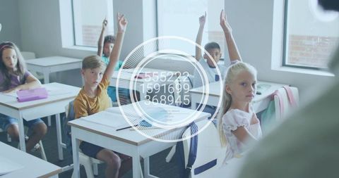 Students raising hands in bright classroom with interactive hud overlay and teacher
