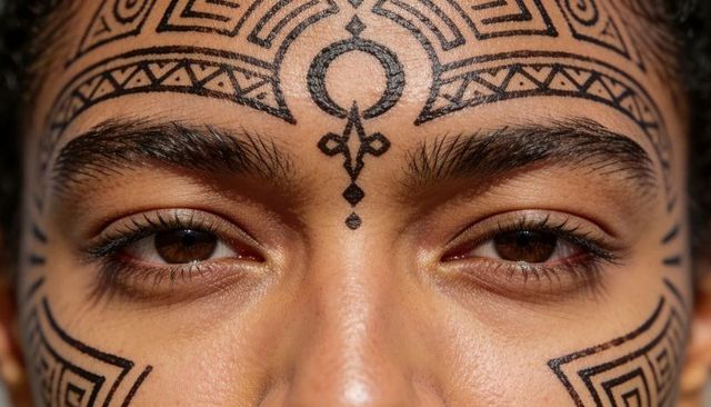 Close-up tribal geometric facial tattoos on woman showing symmetrical forehead linework