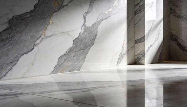 Polished White Marble Wall with Gold Veins Reflecting Sunlight on Glossy Hotel Lobby Floor