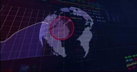 Rotating Holographic Globe with Financial Data Overlay, Purple Area Graph and Analytics