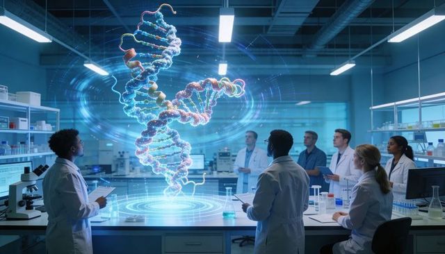 Holographic dna helix visualization guiding collaborative genomics research in high-tech lab