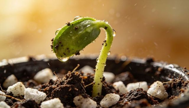 Backlit seedling emerging from soil with water droplets and perlite macro germination