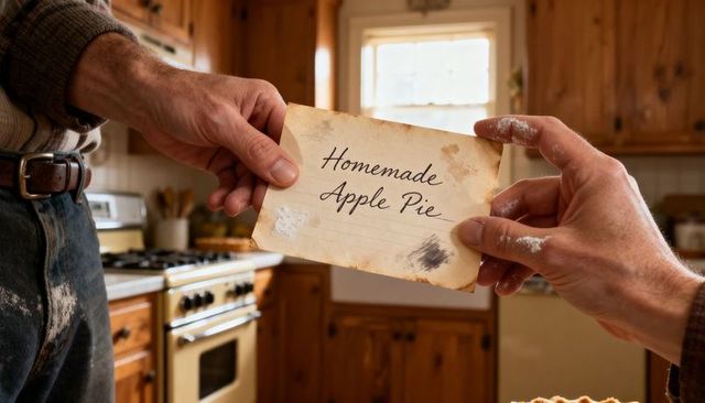 Passing worn homemade apple pie recipe card between bakers in sunlit rustic kitchen