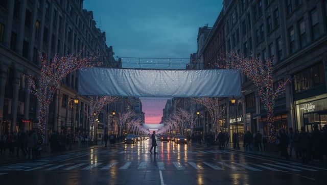 City Street at Dusk with Festive Lights and Bustling Pedestrian