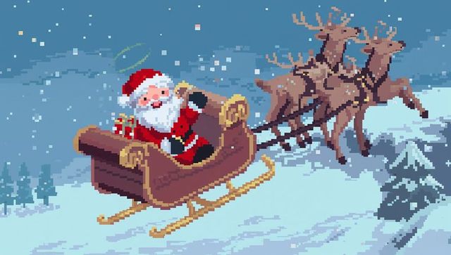 Pixel art santa flying sleigh with reindeer over snowy winter hillside, waving