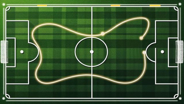 Digital soccer pitch featuring glowing path on striped turf