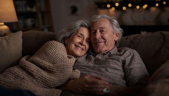 Senior Couple Relaxing at Home in Warm Ambiance with Knit Blanket