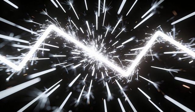 Electric zigzag spark trail emitting radiant sparks and motion streaks on dark