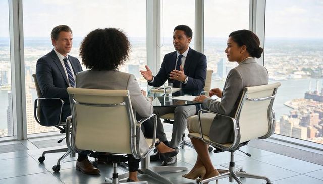Executives discussing strategy around glass table in high-rise boardroom with skyline view