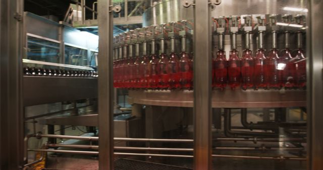 Modern beverage bottling factory with automated machinery increasing efficiency of production. Suitable for articles on industrial technology, manufacturing advancements, or automated factory processes.