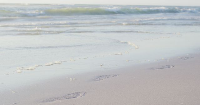 Tranquil Beach Scene with Gentle Waves and Footprints in Sand - Download Free Stock Images Pikwizard.com