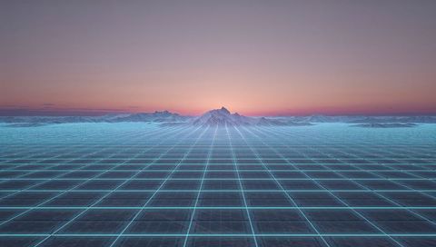 Glowing Neon Wireframe Landscape Receding to Central Peak at Pastel Sunrise Horizon