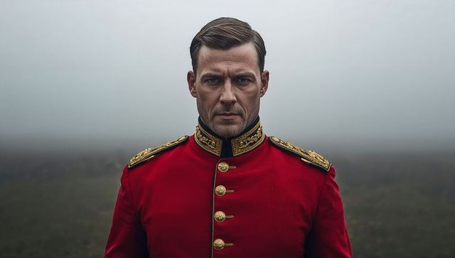 Regal military officer on misty moor exuding authority