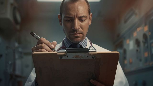 Focused doctor wearing white coat taking notes in clinic