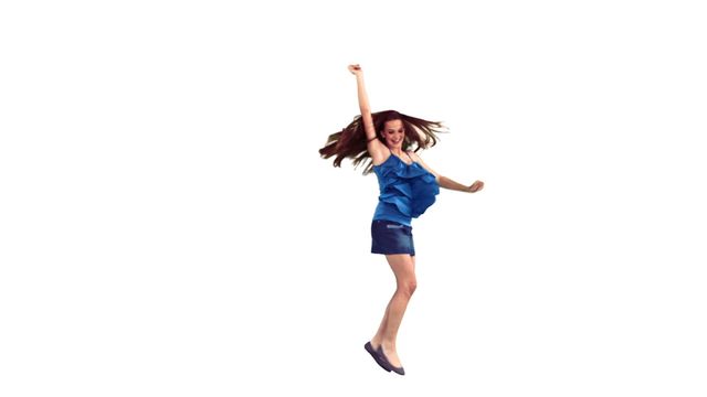 This visual depicts a woman amidst joyful, energetic dancing. Captured mid-movement, her extended arm and expression convey excitement and freedom. Perfect for designs conveying themes of happiness, celebration, and feminine freedom, this scene can enhance artwork for advertisements or creative content focusing on joyful emotions and dynamic, uplifting messages.