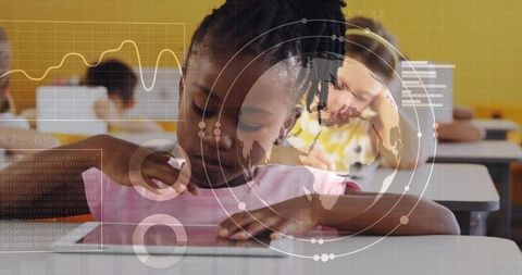 Girl tapping tablet in classroom with futuristic HUD overlay, digital learning focus