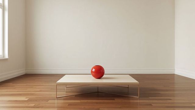 Presenting glossy red orb on low modern coffee table in minimal cream interior