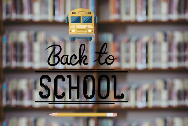 Composite of Back to school text with schoolbus and pencil